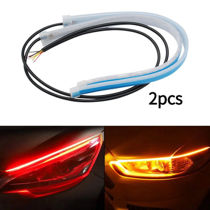 Enhance Your Car's Style with 2Pcs 12V LED DRL Flexible Waterproof Strip Lights - White Turn Signal & Yellow Brake Flow Lights
