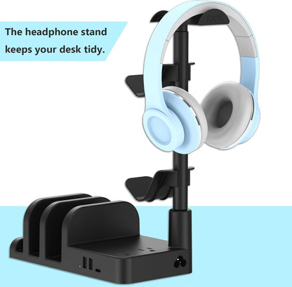 Ultimate Gaming Headphone & Controller Stand with Smart USB Charger - Organize Your Setup with 2 AC Outlets & Versatile Storage for Switch, Phone, and More!