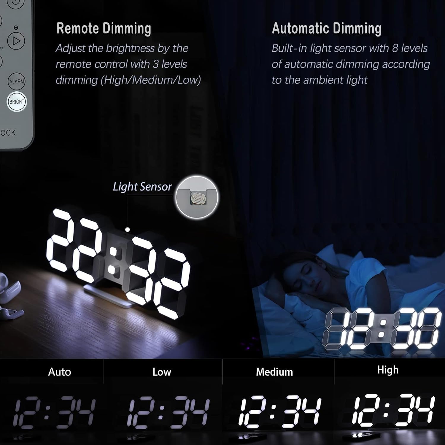 Sleek 3D LED Digital Wall Clock - 9.7" Large Display with Remote Control, Temperature & Adjustable Brightness