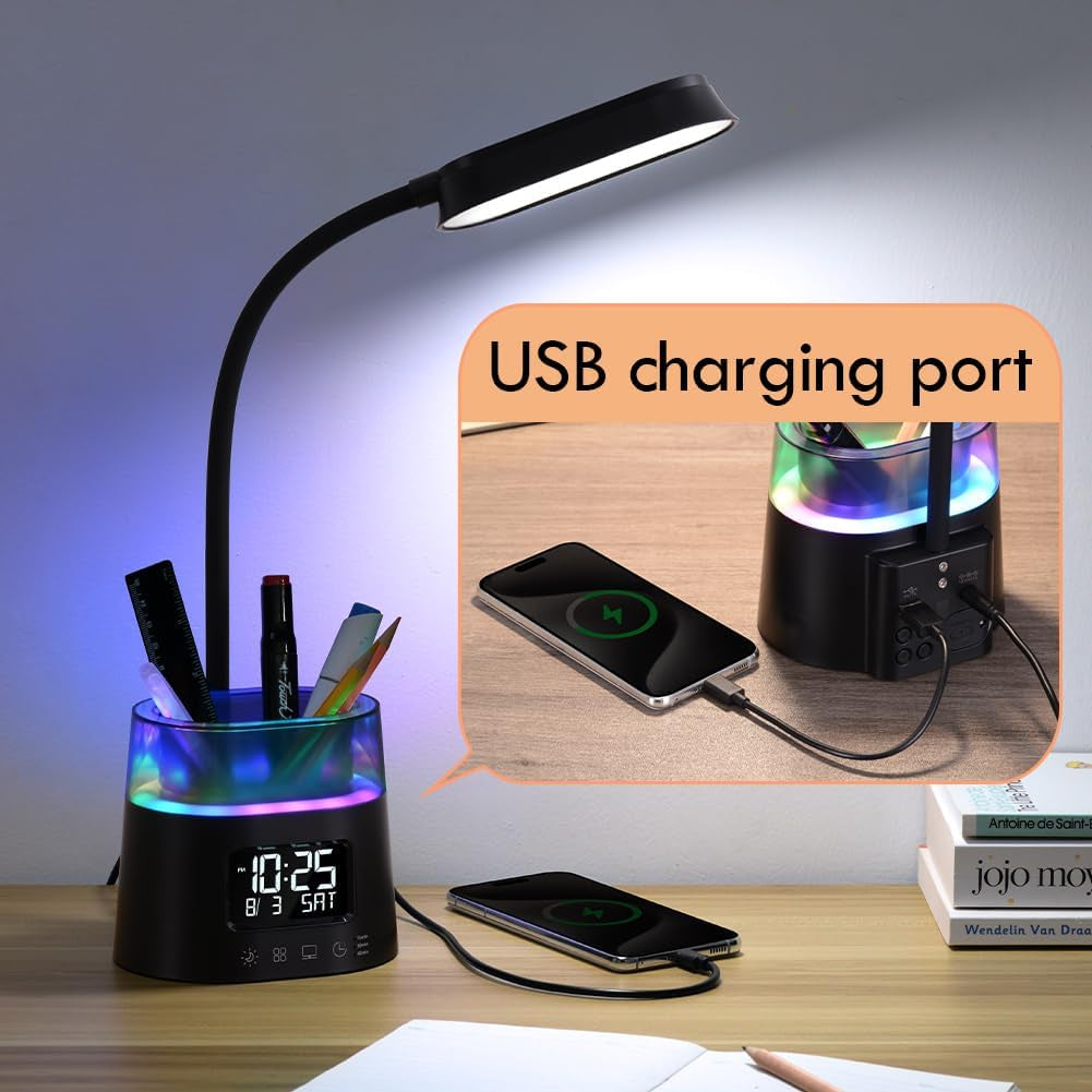 Elevate Your Workspace with the Stylish LED Kids Desk Lamp - Dimmable Study Lamp Featuring Pen Holder, Clock, USB Charging & RGB Night Light for Home Office and College Dorm Essentials - Sleek Black Design