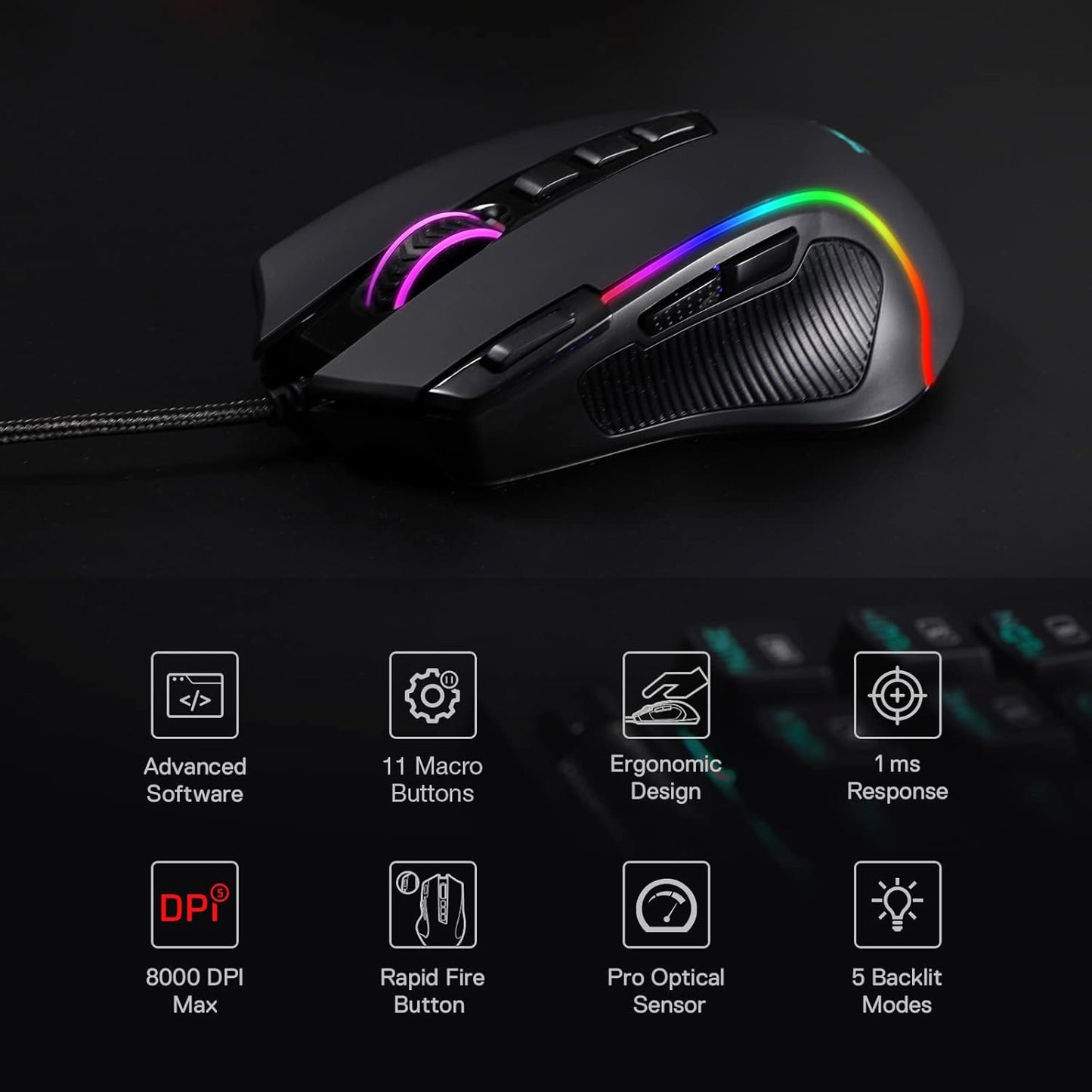Unleash Your Gaming Potential with the M612 Predator RGB Wired Optical Mouse - 8000 DPI, 11 Programmable Buttons, and 5 Dynamic Backlit Modes!