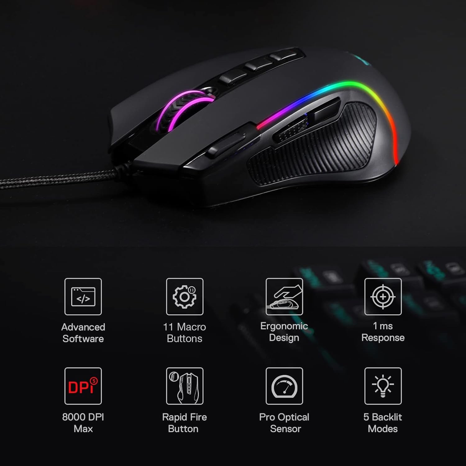 Unleash Your Gaming Potential with the M612 Predator RGB Wired Optical Mouse - 8000 DPI, 11 Programmable Buttons, and 5 Dynamic Backlit Modes!