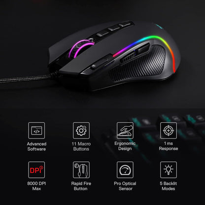 Unleash Your Gaming Potential with the M612 Predator RGB Wired Optical Mouse - 8000 DPI, 11 Programmable Buttons, and 5 Dynamic Backlit Modes!
