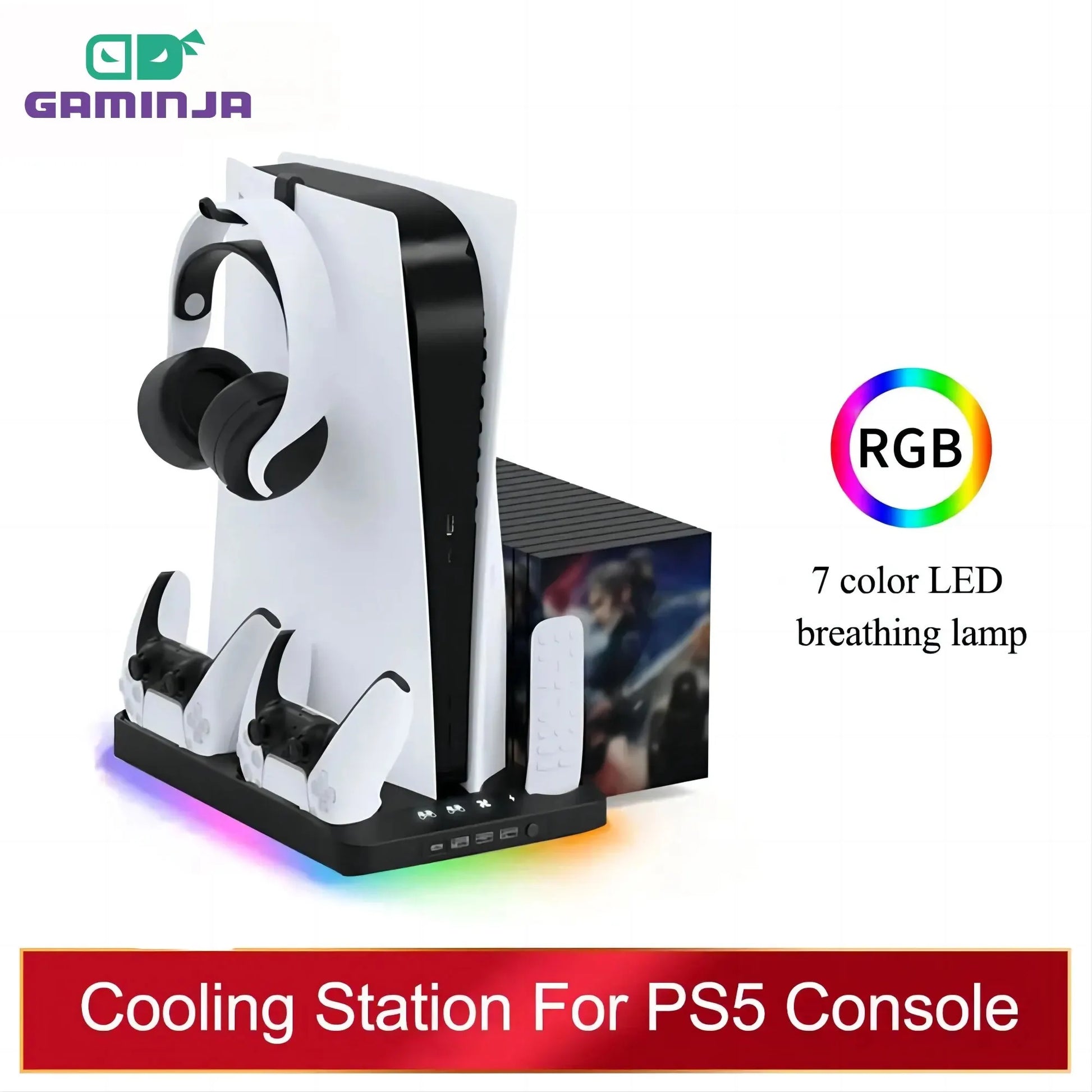 P58 PS5 Stand Cooling Station with RGB Light and Dual Controller Charger - Ultimate Gaming Accessory for Your Playstation 5