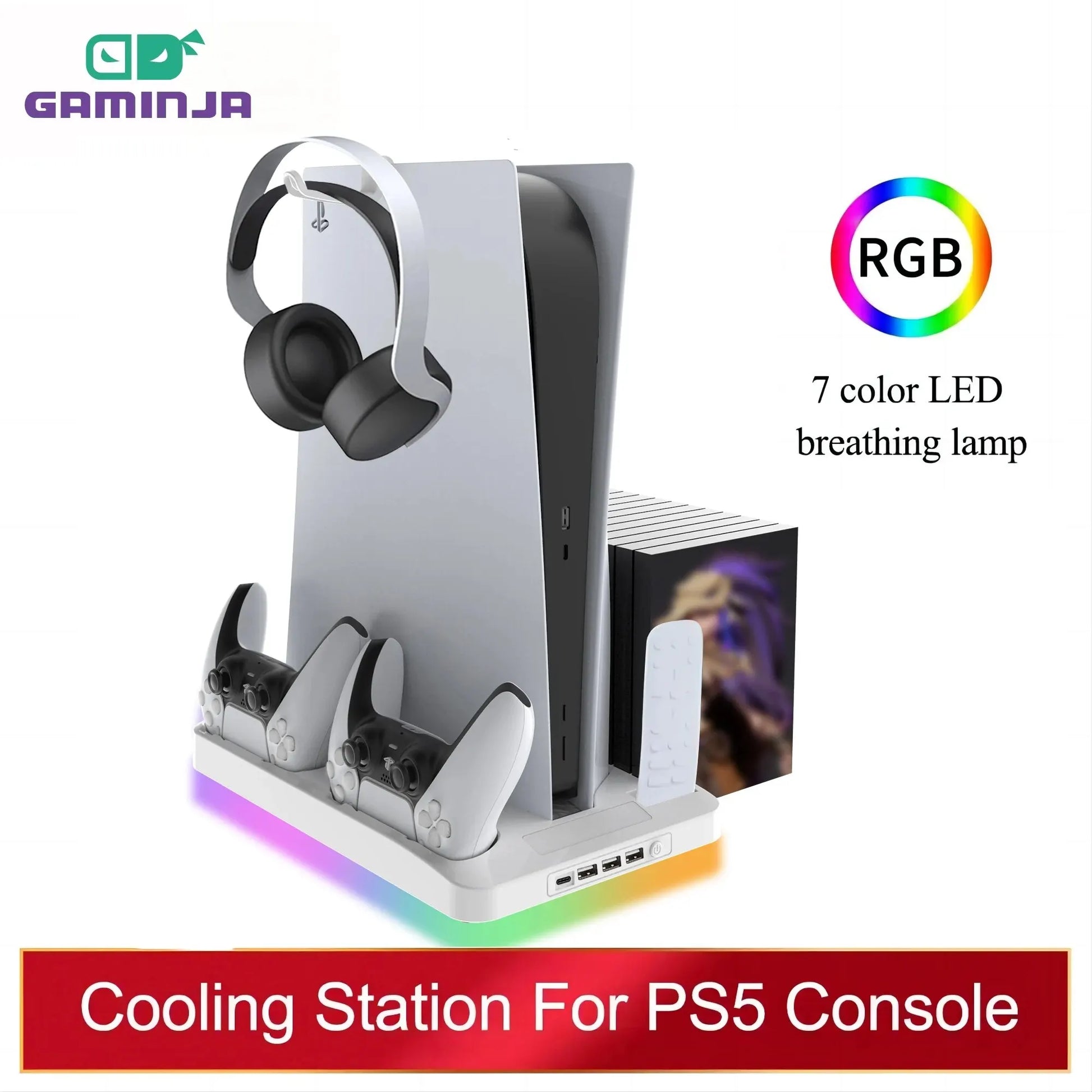 P58 PS5 Stand Cooling Station with RGB Light and Dual Controller Charger - Ultimate Gaming Accessory for Your Playstation 5