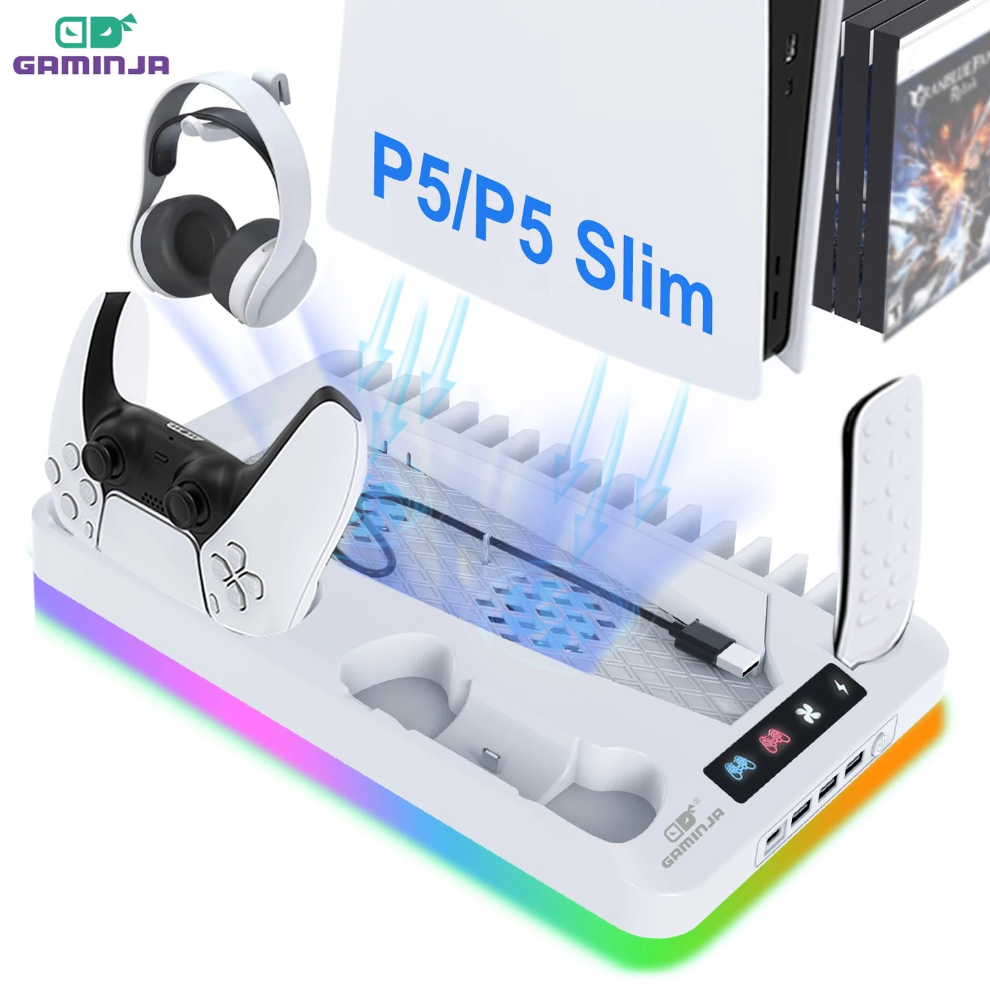 P58 PS5 Stand Cooling Station with RGB Light and Dual Controller Charger - Ultimate Gaming Accessory for Your Playstation 5