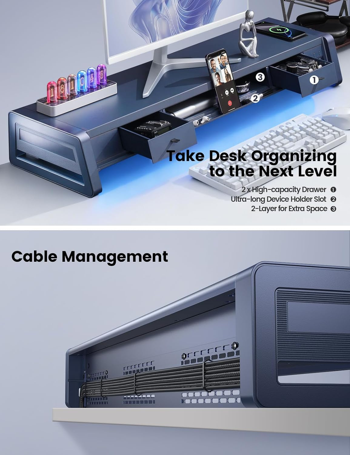 Elevate Your Workspace with the All-In-One Dual Monitor Stand Riser: 2 Drawers, 8 USB Ports, Wireless Charging Pad & LED Light Strip for Ultimate Organization and Comfort