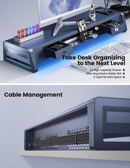 Elevate Your Workspace with the All-In-One Dual Monitor Stand Riser: 2 Drawers, 8 USB Ports, Wireless Charging Pad & LED Light Strip for Ultimate Organization and Comfort