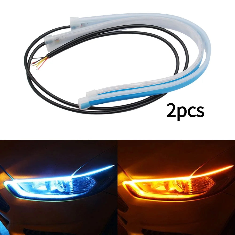 Enhance Your Car's Style with 2Pcs 12V LED DRL Flexible Waterproof Strip Lights - White Turn Signal & Yellow Brake Flow Lights