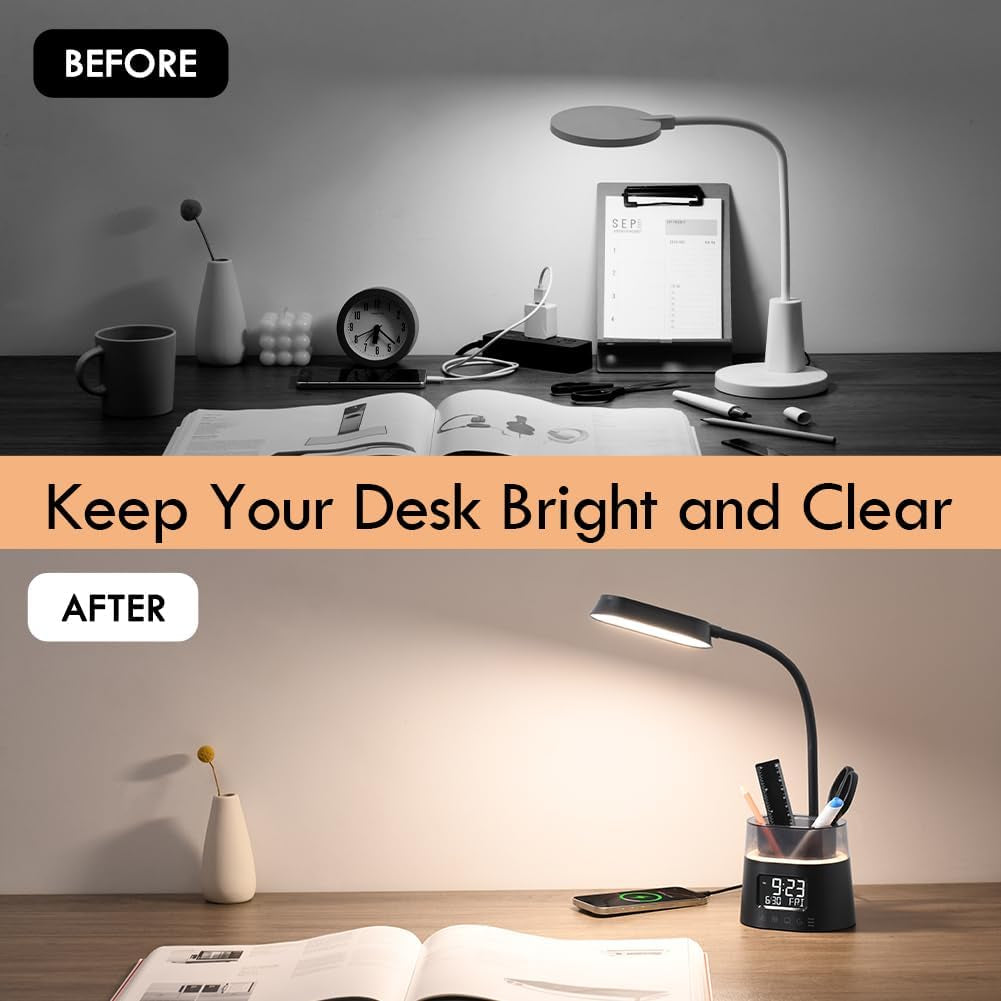 Elevate Your Workspace with the Stylish LED Kids Desk Lamp - Dimmable Study Lamp Featuring Pen Holder, Clock, USB Charging & RGB Night Light for Home Office and College Dorm Essentials - Sleek Black Design
