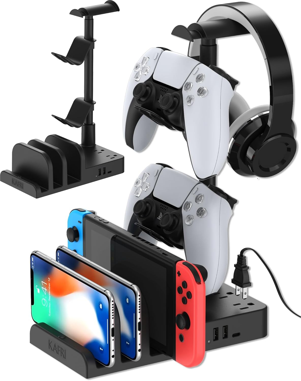 Ultimate Gaming Headphone & Controller Stand with Smart USB Charger - Organize Your Setup with 2 AC Outlets & Versatile Storage for Switch, Phone, and More!