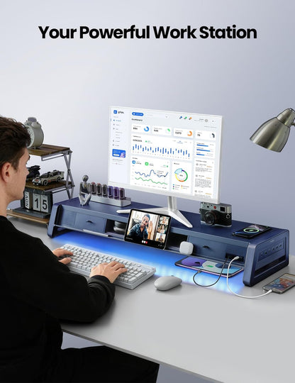 Elevate Your Workspace with the All-In-One Dual Monitor Stand Riser: 2 Drawers, 8 USB Ports, Wireless Charging Pad & LED Light Strip for Ultimate Organization and Comfort