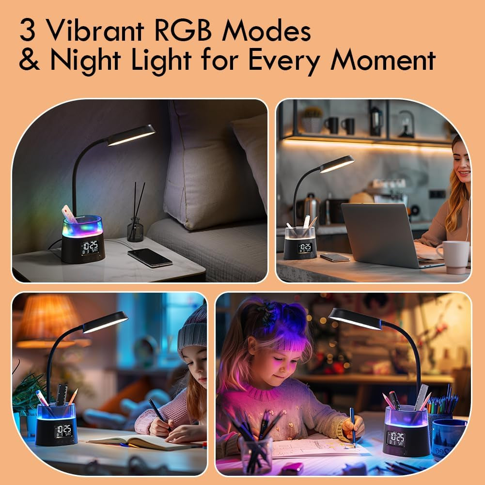 Elevate Your Workspace with the Stylish LED Kids Desk Lamp - Dimmable Study Lamp Featuring Pen Holder, Clock, USB Charging & RGB Night Light for Home Office and College Dorm Essentials - Sleek Black Design