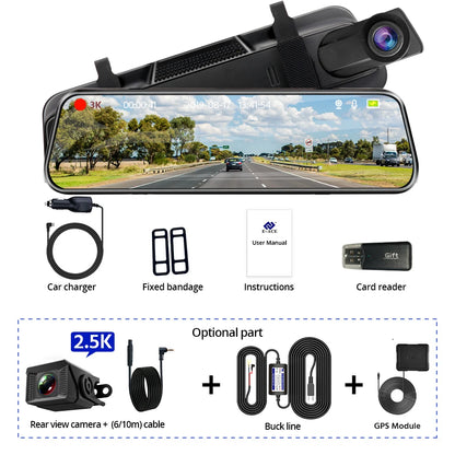 Experience Ultimate Driving Safety with the E-ACE 3K+2.5K Dual Lens DVR Mirror Dash Cam - Night Vision, GPS, and WiFi Enabled for 24/7 Protection!
