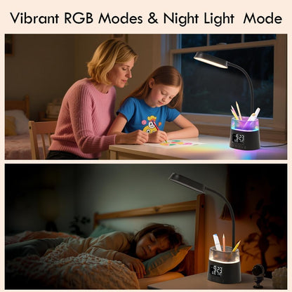 Elevate Your Workspace with the Stylish LED Kids Desk Lamp - Dimmable Study Lamp Featuring Pen Holder, Clock, USB Charging & RGB Night Light for Home Office and College Dorm Essentials - Sleek Black Design