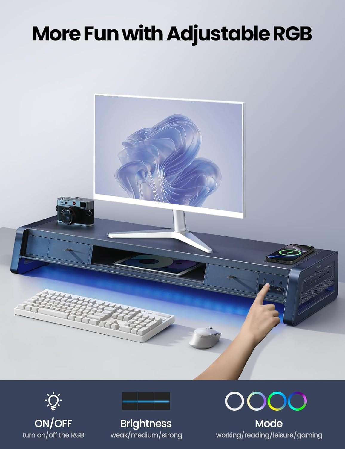 Elevate Your Workspace with the All-In-One Dual Monitor Stand Riser: 2 Drawers, 8 USB Ports, Wireless Charging Pad & LED Light Strip for Ultimate Organization and Comfort