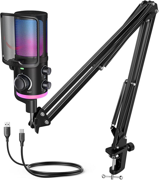 Ultimate USB Streaming Microphone Kit - Condenser Mic with RGB Lighting, Noise Cancellation, and Game/Chat Dial for PC Gaming, Twitch, YouTube, and Podcasting - Includes Boom Arm & Pop Filter