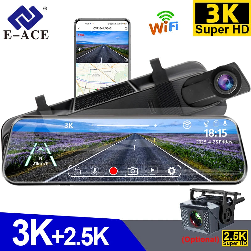 Experience Ultimate Driving Safety with the E-ACE 3K+2.5K Dual Lens DVR Mirror Dash Cam - Night Vision, GPS, and WiFi Enabled for 24/7 Protection!