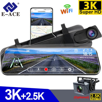 Experience Ultimate Driving Safety with the E-ACE 3K+2.5K Dual Lens DVR Mirror Dash Cam - Night Vision, GPS, and WiFi Enabled for 24/7 Protection!