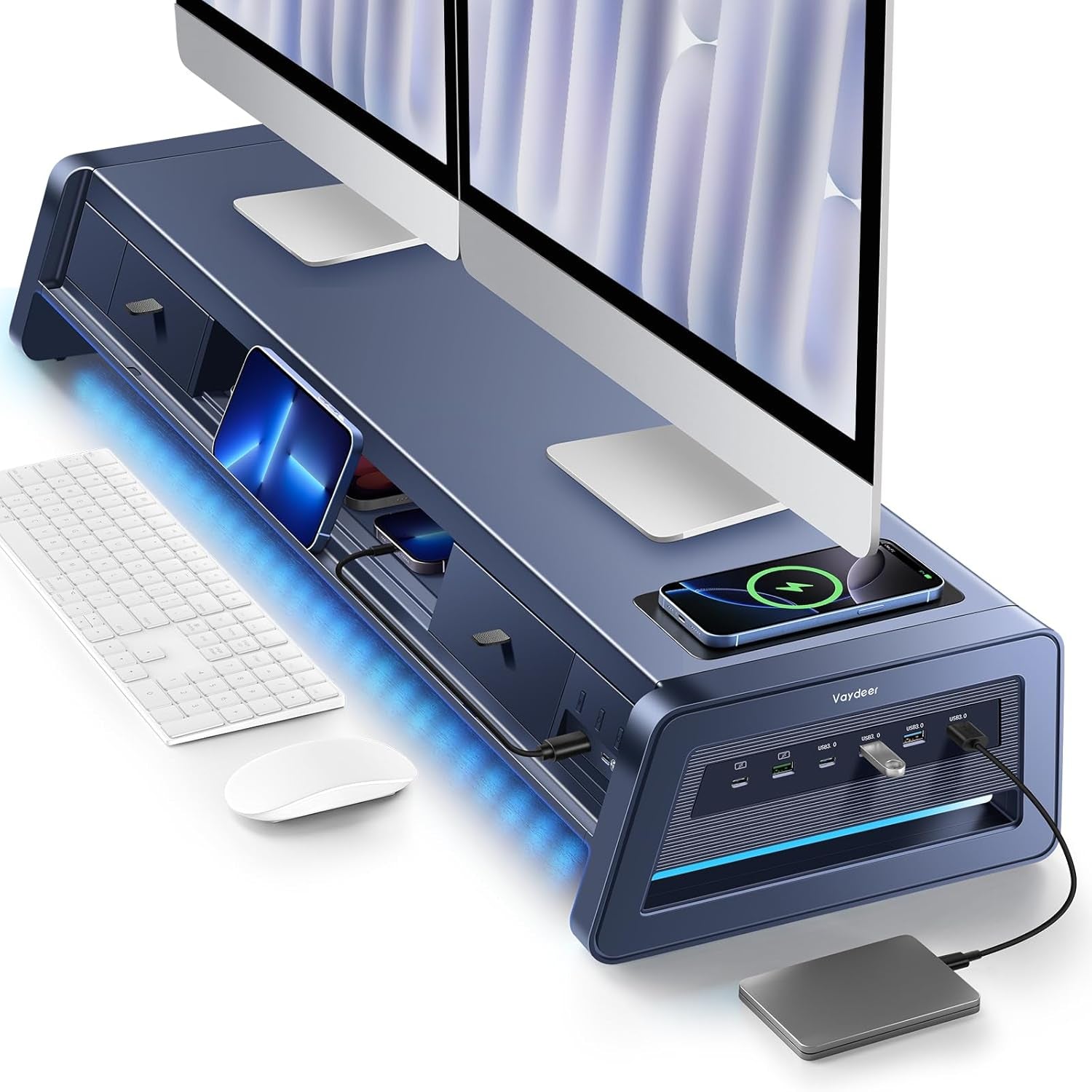 Elevate Your Workspace with the All-In-One Dual Monitor Stand Riser: 2 Drawers, 8 USB Ports, Wireless Charging Pad & LED Light Strip for Ultimate Organization and Comfort