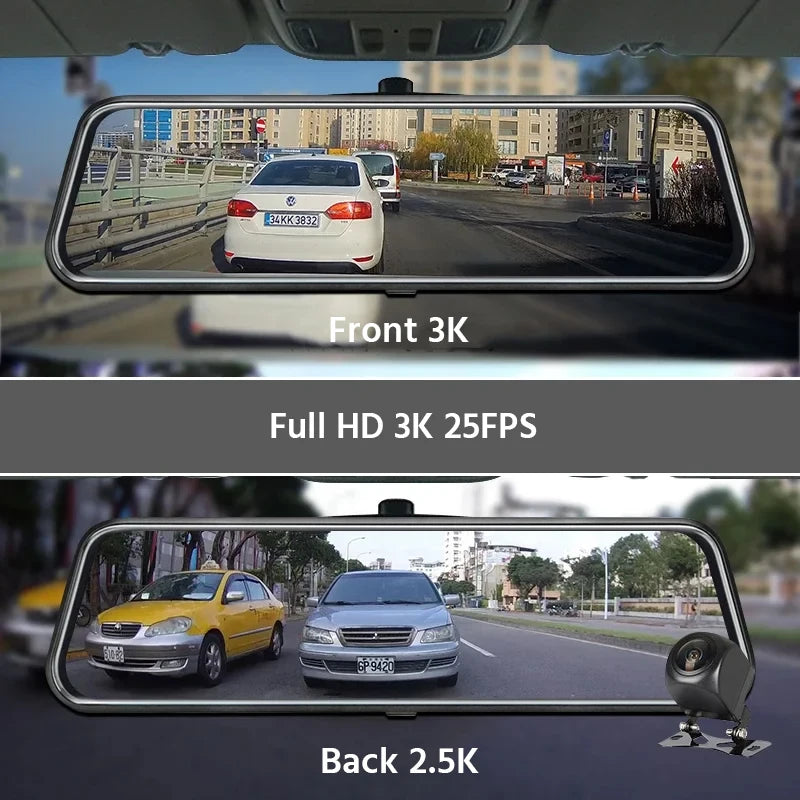 Experience Ultimate Driving Safety with the E-ACE 3K+2.5K Dual Lens DVR Mirror Dash Cam - Night Vision, GPS, and WiFi Enabled for 24/7 Protection!