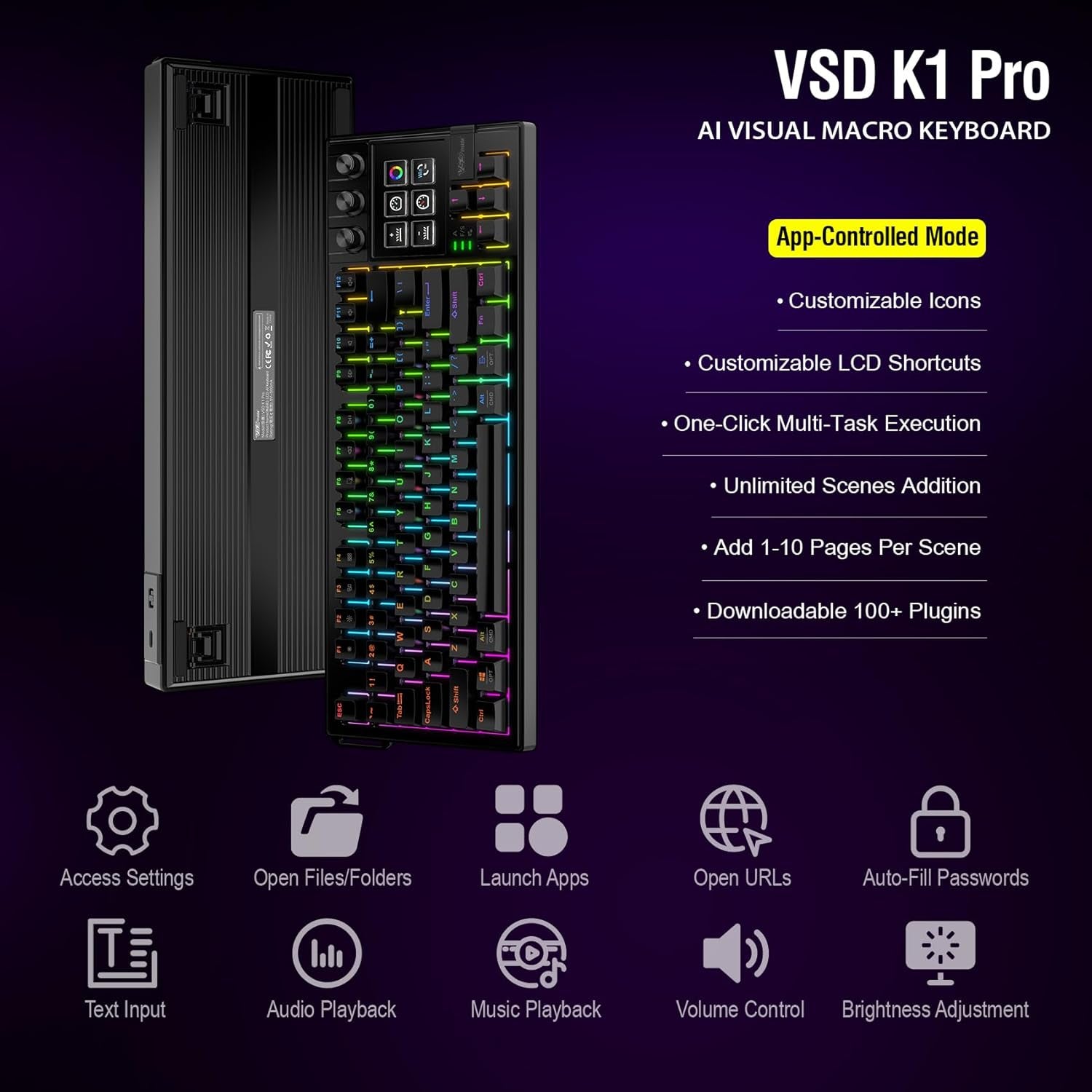 Elevate Your Game with the VSD K1 Pro Mechanical Keyboard - Fully Programmable, Custom LCD Keys & Knobs, RGB Backlighting, Perfect for Gaming and Streaming