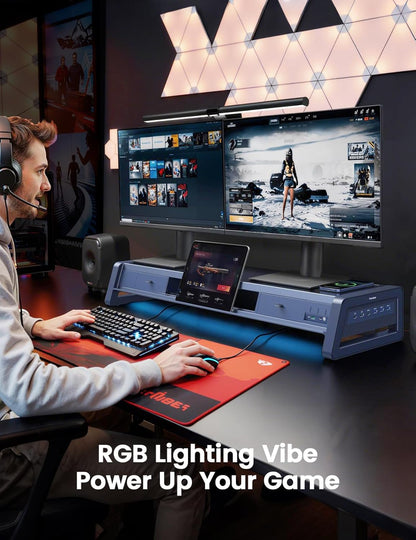 Elevate Your Workspace with the All-In-One Dual Monitor Stand Riser: 2 Drawers, 8 USB Ports, Wireless Charging Pad & LED Light Strip for Ultimate Organization and Comfort
