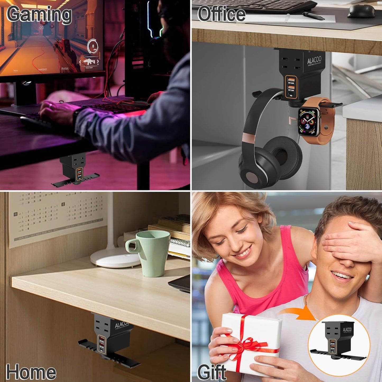 Ultimate Gaming Headphone Stand with Charging Station - Stylish Aluminum Hooks Holder with 3 USB Ports, AC Outlets, and Surge Protection for the Perfect Gaming Setup