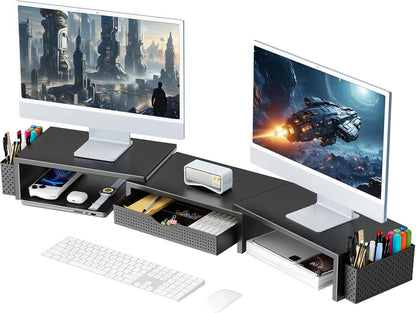 Elevate Your Workspace with the Dual Monitor Stand Riser - Stylish Desk Organizer with Drawer and Pen Holders in Black