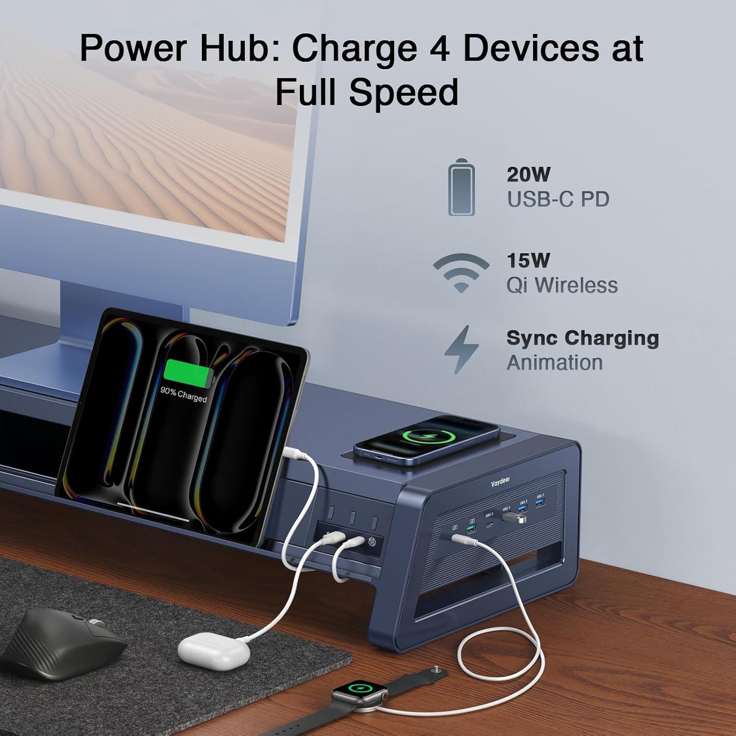 Elevate Your Workspace with the All-In-One Dual Monitor Stand Riser: 2 Drawers, 8 USB Ports, Wireless Charging Pad & LED Light Strip for Ultimate Organization and Comfort