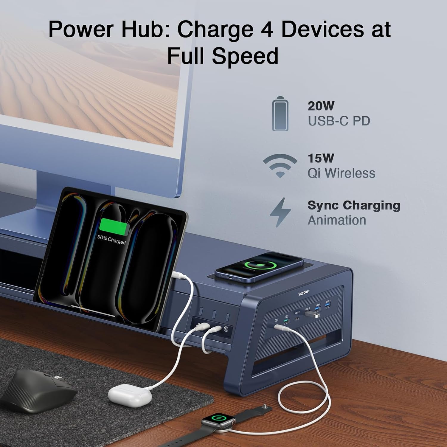 Elevate Your Workspace with the All-In-One Dual Monitor Stand Riser: 2 Drawers, 8 USB Ports, Wireless Charging Pad & LED Light Strip for Ultimate Organization and Comfort