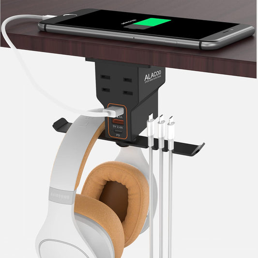 Ultimate Gaming Headphone Stand with Charging Station - Stylish Aluminum Hooks Holder with 3 USB Ports, AC Outlets, and Surge Protection for the Perfect Gaming Setup