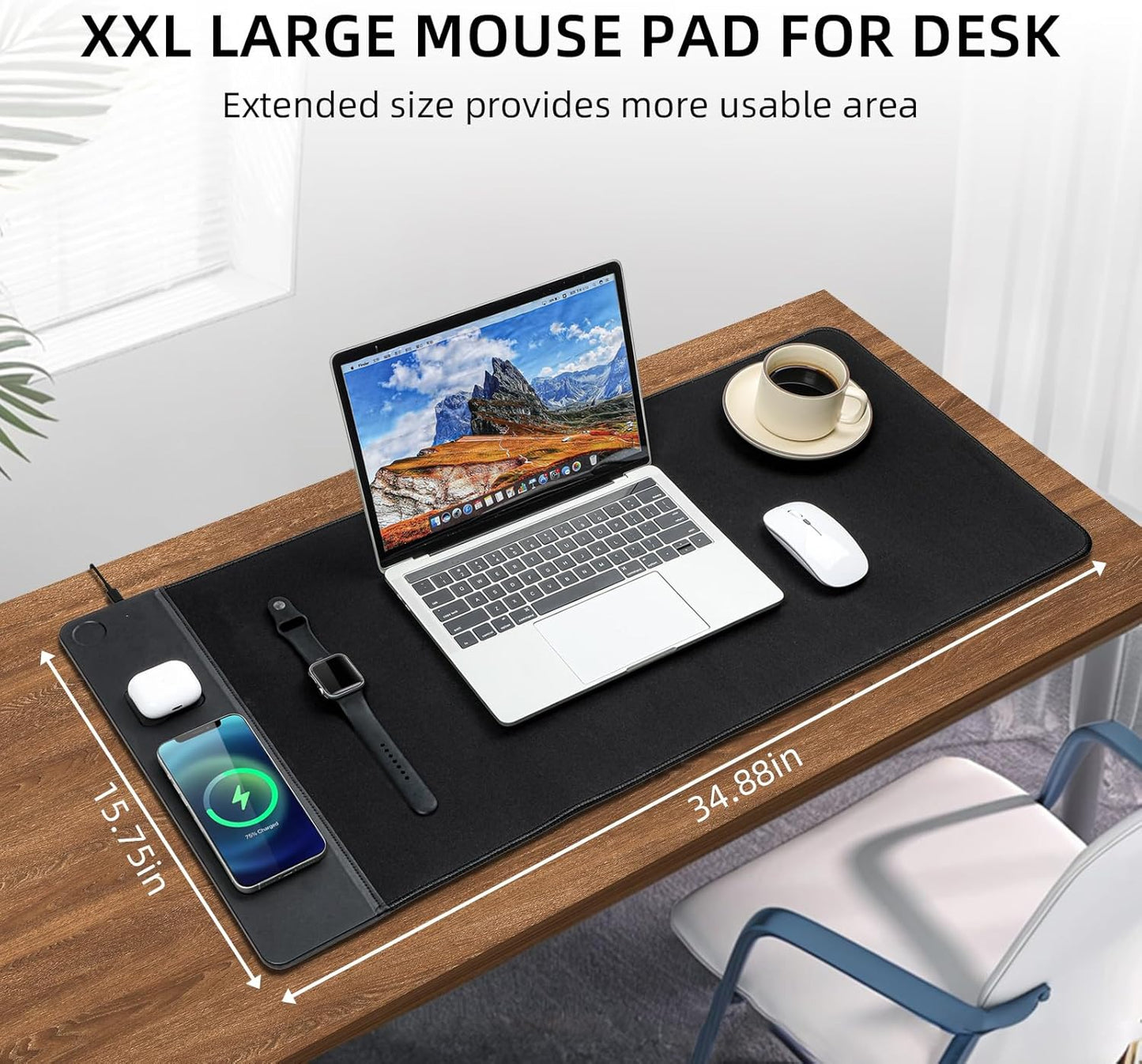 Revolutionary 3-in-1 Wireless Charging Mouse Pad - Ultimate Gaming Desk Mat for iPhone, AirPods, and Smartwatches - Large 90 x 40 cm Black Design