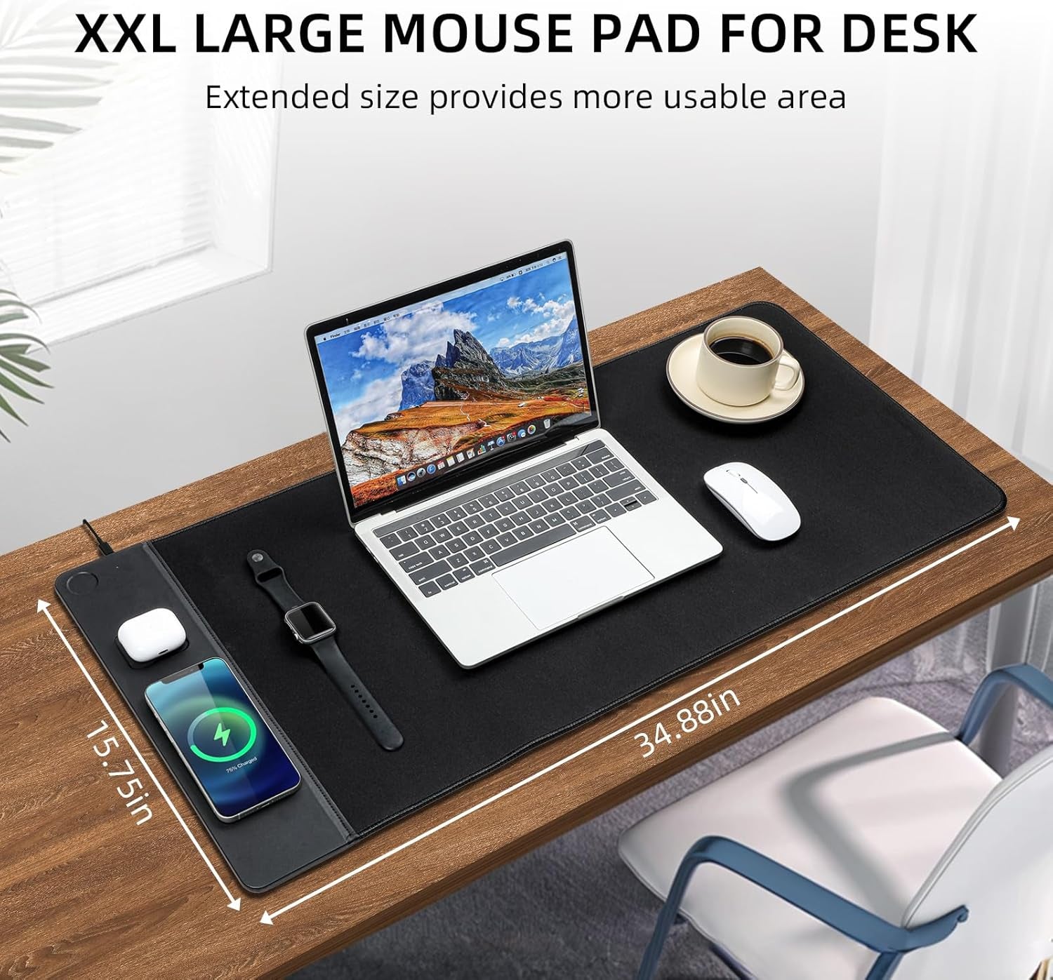 Revolutionary 3-in-1 Wireless Charging Mouse Pad - Ultimate Gaming Desk Mat for iPhone, AirPods, and Smartwatches - Large 90 x 40 cm Black Design