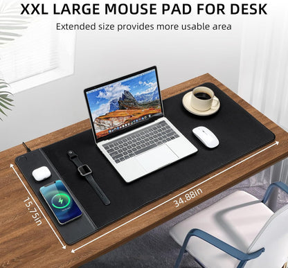 Revolutionary 3-in-1 Wireless Charging Mouse Pad - Ultimate Gaming Desk Mat for iPhone, AirPods, and Smartwatches - Large 90 x 40 cm Black Design