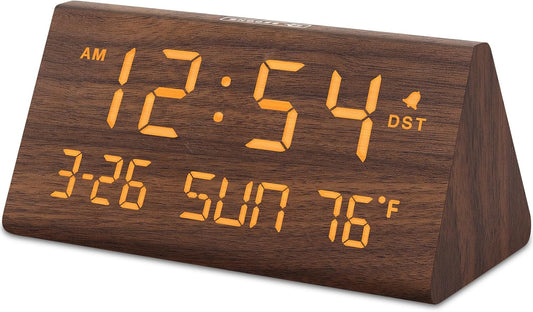 Sleek Wooden Digital Alarm Clock with USB Charging, Temperature Display, and Adjustable Brightness - Perfect for Bedrooms, Living Rooms, and Offices