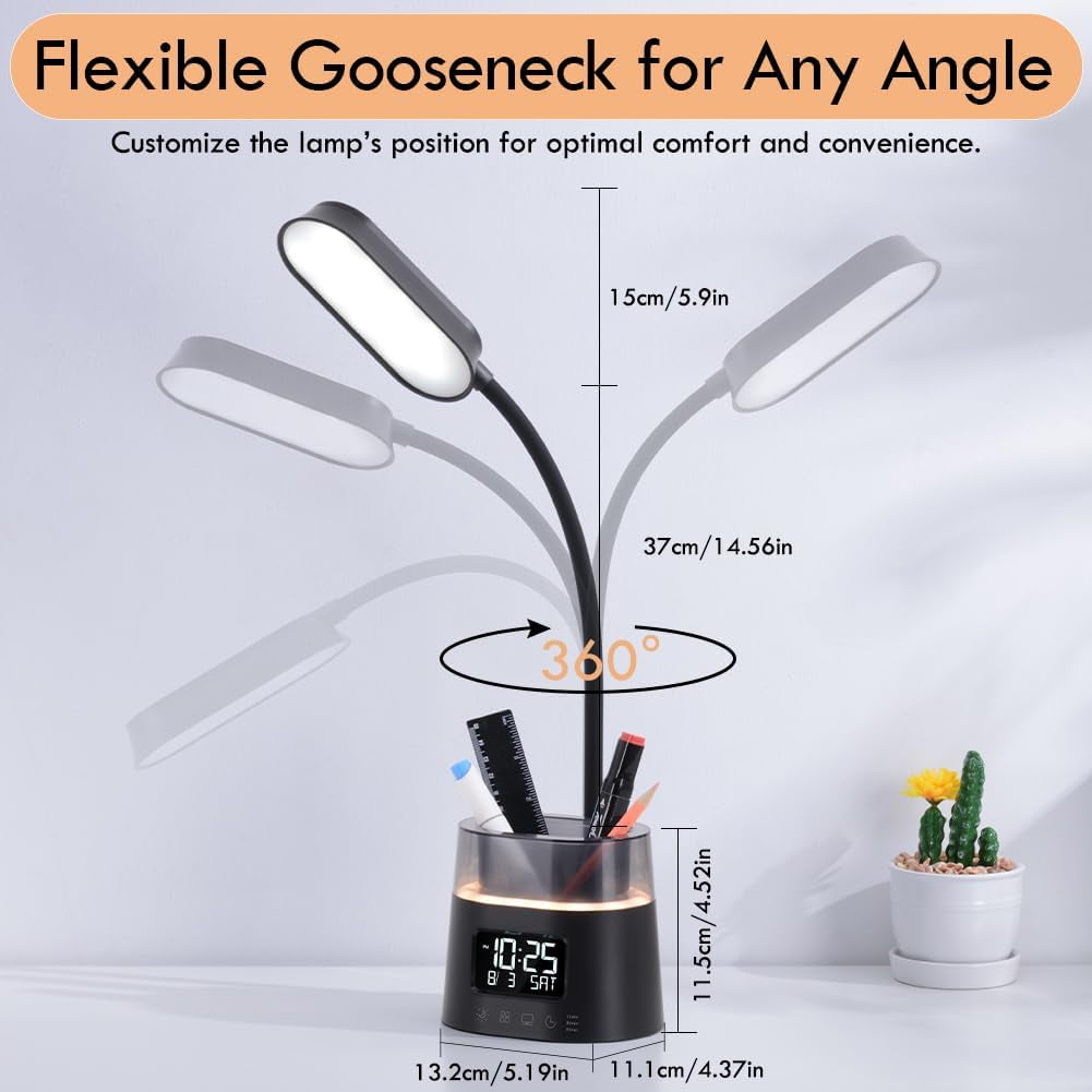 Elevate Your Workspace with the Stylish LED Kids Desk Lamp - Dimmable Study Lamp Featuring Pen Holder, Clock, USB Charging & RGB Night Light for Home Office and College Dorm Essentials - Sleek Black Design