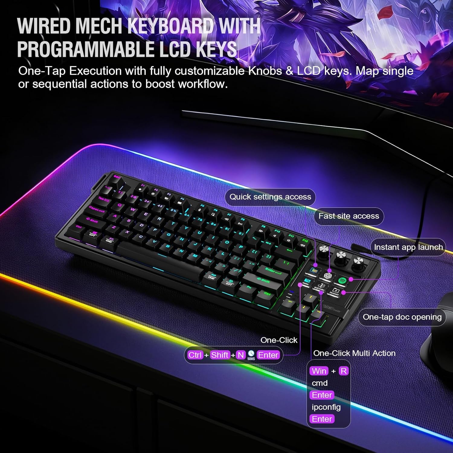 Elevate Your Game with the VSD K1 Pro Mechanical Keyboard - Fully Programmable, Custom LCD Keys & Knobs, RGB Backlighting, Perfect for Gaming and Streaming
