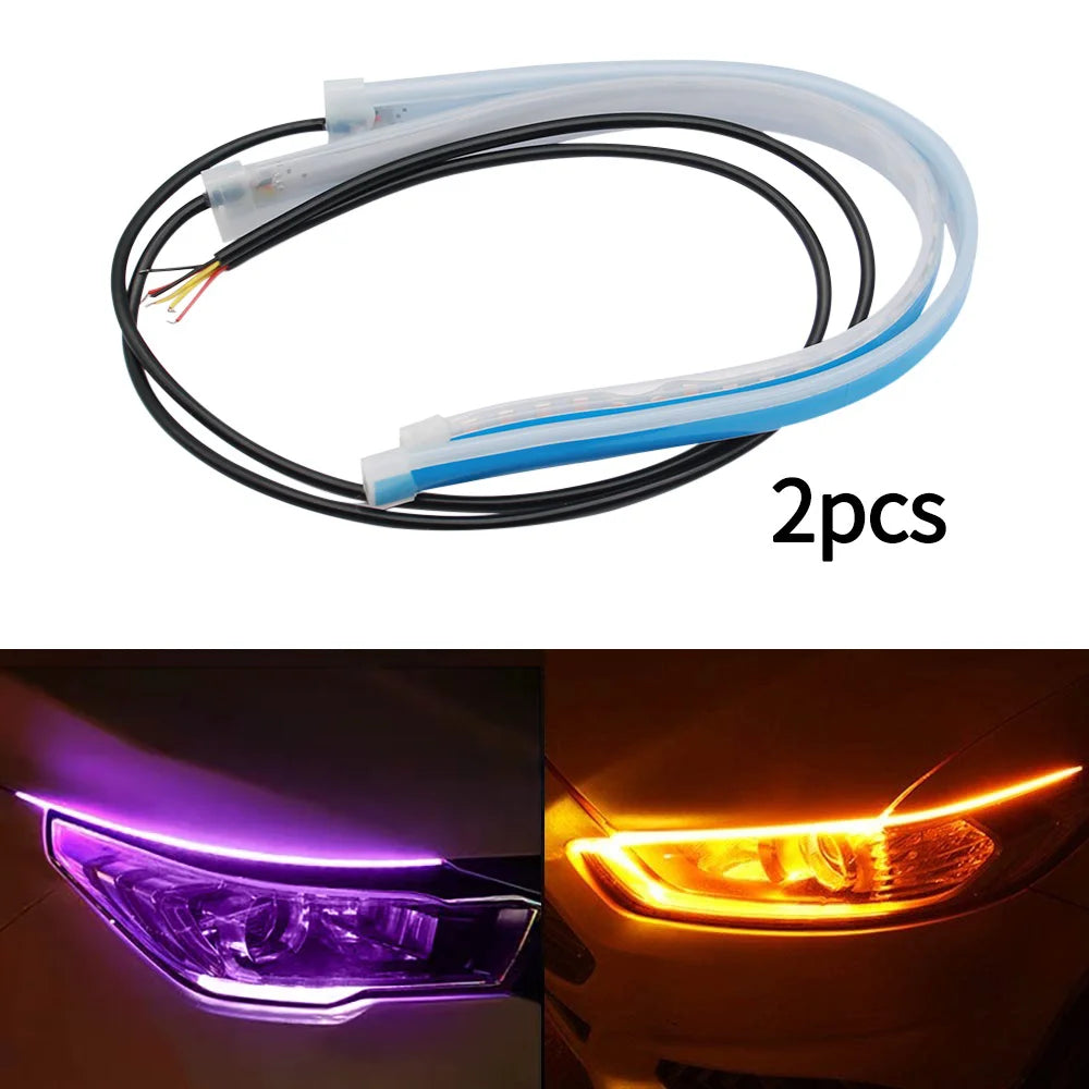 Enhance Your Car's Style with 2Pcs 12V LED DRL Flexible Waterproof Strip Lights - White Turn Signal & Yellow Brake Flow Lights