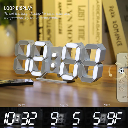 Sleek 3D LED Digital Wall Clock - 9.7" Large Display with Remote Control, Temperature & Adjustable Brightness